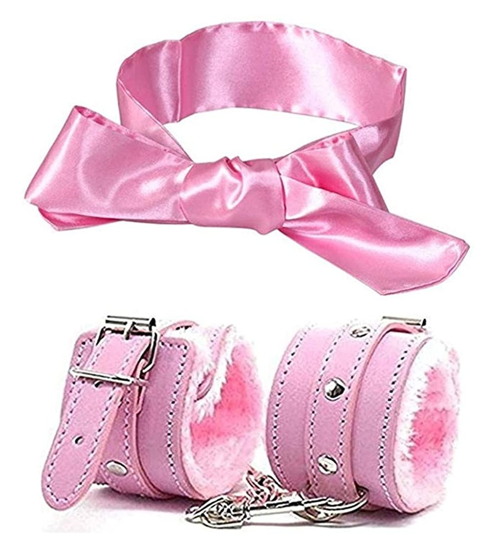 Blindfolds PU Furry Fuzzy Handcuffs and Satin Blindfold Eye Mask Set for Women - Pink - CZ18QYCUM23 $7.75